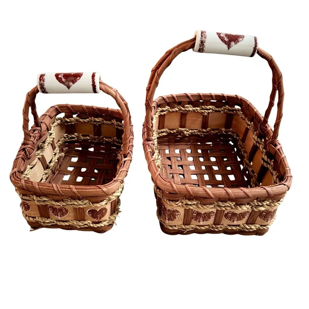 Vintage Cottagecore Wicker Basket Set Heart Glass Handle Holder Grannycore Decor